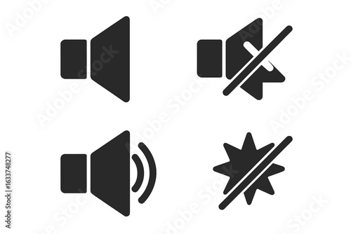 Audio speaker icons set. Loudspeaker volume, mute, silence, soundwave, noise, echo, no sound, burst, audio control, sound off, music notification symbol. Vector icons for mobile UI, web, app.