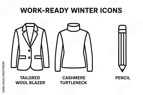 Work-ready winter icons set featuring outline vector illustrations of stylish work-appropriate winter attire including tailored wool blazer, cashmere turtleneck, and pencil skirt for office fashion
