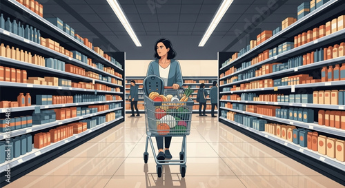 A woman pushing a shopping cart filled with groceries down a supermarket aisle.