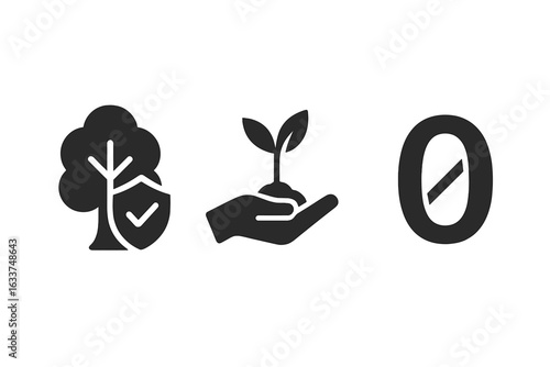 Zero Deforestation Solid Icon Set. Tree with Shield Symbolizing Forest Protection, Reforestation, Planting Sapling in Hand, Zero Deforestation Concept. Environmental Conservation Vector Illustration