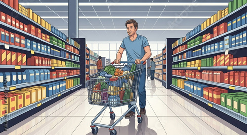 A man pushes a shopping cart full of groceries through a supermarket aisle lined with shelves of products.