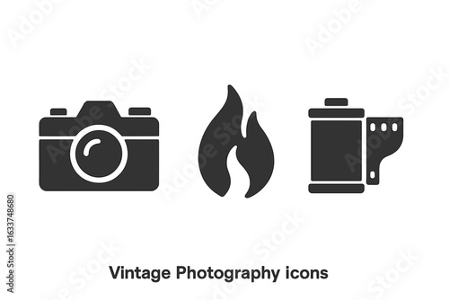 Vintage photography icons set. Classic solid camera silhouette, analog film roll illustration, fire flame light leak effect, retro photo equipment vector, analog gear design elements isolated.