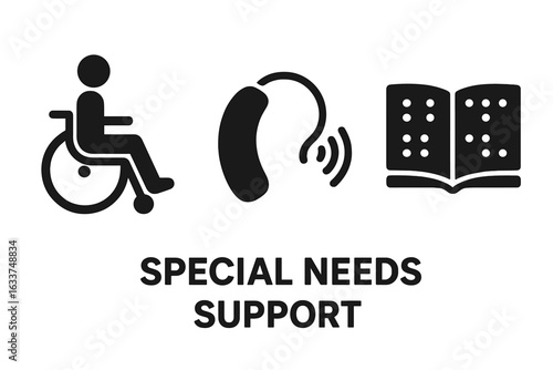 Special Needs Support Icons Set, Solid Filled Vector Symbols for Disability Assistance, Classroom Accessibility, Wheelchair, Hearing Aid, Braille Book, Inclusive Education, Transparent Background