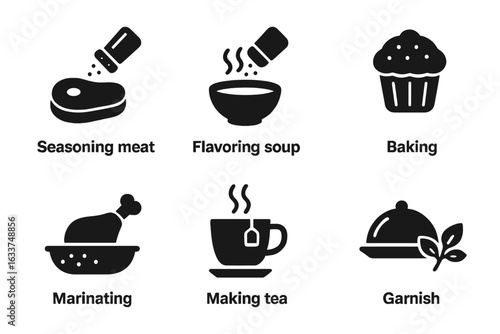 Spice and Herb Icons Set. Solid Filled Vector Symbols for Seasoning Meat, Flavoring Soup, Baking, Marinating, Making Tea, Garnishing. Culinary Ingredient Usage Concepts Isolated Illustration