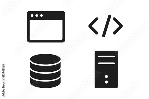 Website Function Icons Set. Solid Vector Internet Technology Symbols. Browser Window, Coding Brackets, Database Storage, Server Tower. Flat Filled Web Development Graphic Resources Collection