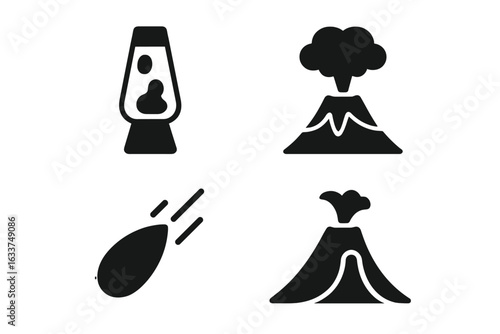 Volcanic Activity Solid Icons Set. Vector Symbols of Erupting Volcano, Lava Lamp, Volcanic Bomb, Magma Flow, Smoke Plume. Natural Disaster, Geology, Eruption, Volcanology Illustration