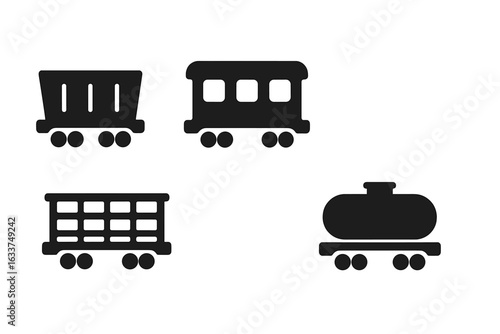 Solid vector icon set of railway wagon types. Freight wagon, passenger wagon, flatbed wagon, tank car silhouettes. Cargo transport, railroad vehicles, rolling stock, black pictogram illustrations.