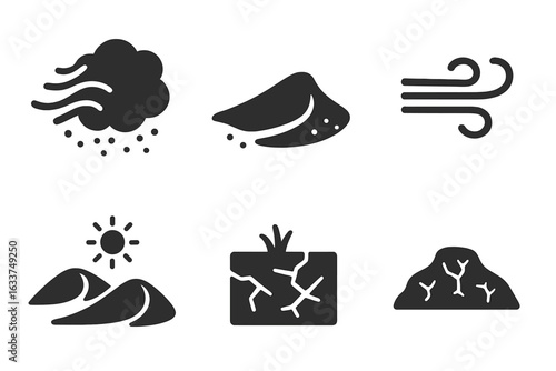 Wind Erosion Solid Vector Icons Set. Dust Storm, Sand Dune, Wind Gust, Arid Desert, Dry Cracked Soil, Barren Land, Environmental Impact, Climate Change, Natural Disaster, Weather Symbol Illustration