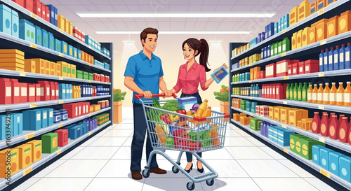 A couple shopping in a brightly lit supermarket, selecting groceries.