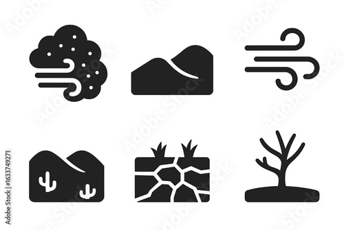 Wind Erosion Vector Icons Set. Solid Filled Silhouette Symbols for Wind Gust, Dust Storm, Sand Dune Erosion, Desertification, Dry Soil Cracks, Barren Landscape, Arid Land, Climate Change Concept
