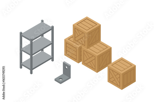 Isometric Warehouse Storage Icon Set. Industrial Metal Shelving Unit, Wood Shipping Crates, Pallet Box Stack, L Bracket, Logistics Storage Equipment, Cargo Packing, Warehouse Interior Vector