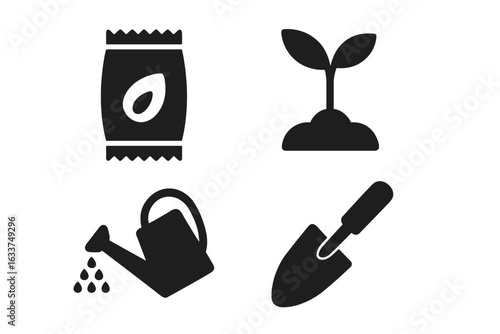 Spring gardening icons set with solid filled seed packet, sprouting seedling, watering can, and garden trowel vector illustration for planting and garden care