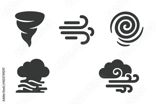 Wild Wind Phenomena Vector Icons Set. Tornado, Gust, Whirlwind, Storm, Gale, Windy Weather Symbol, Cloud with Waves, Atmospheric Air Flow, Nature Disaster Elements. Solid, Filled Illustration