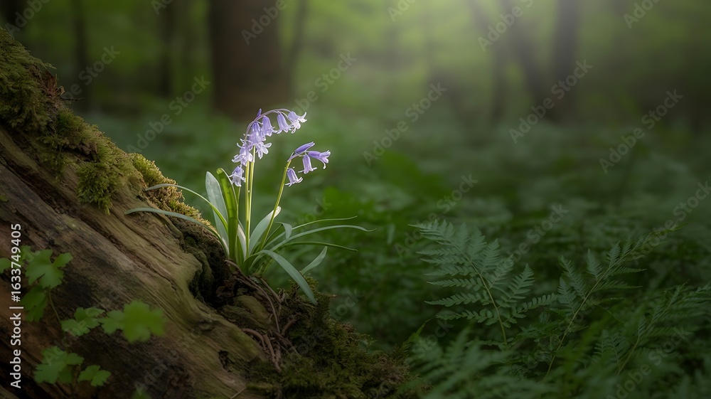 Fototapeta premium a single bluebell plant growing on a moss-covered tree trunk in a forest, Bluebells flower in forest., created with generative ai