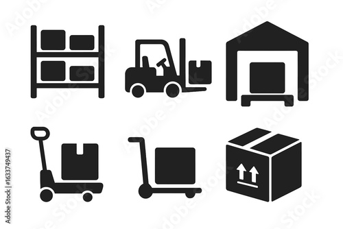 Warehouse logistics solid icon set. Storage racks, forklift, loading dock, pallet jack, package, distribution hub, shipping, supply chain, transport equipment vector illustration