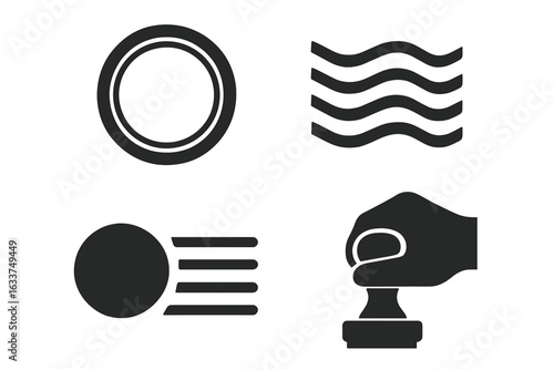 Stamp cancellation icons set, solid filled vector illustrations of postal marks including circular postmark, wavy lines, machine cancel, hand stamp, mail processing symbols on transparent background