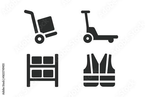 Warehouse Equipment Icons Set. Solid Vector Symbols of Hand Truck, Pallet Jack, Storage Rack, and Safety Vest for Industrial Logistics, Supply Chain, Shipping, Cargo Handling, and Inventory Safety
