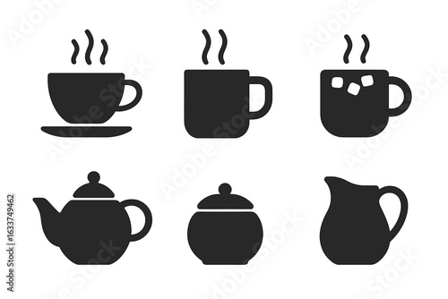 Hot Beverage Icon Set. Solid Filled Vector Illustrations of Tea Cup, Coffee Mug, Hot Chocolate with Marshmallows, Teapot, Sugar Bowl, Milk Jug. Modern Café Drink Essentials Icons