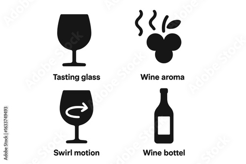 Wine tasting icons set. Solid vector symbols of wine glass, bottle, grape aroma, swirl motion. Wine tasting elements silhouette, winery tools, sommelier design, beverage event branding