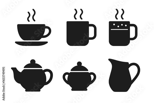 Hot drink icons set. Black vector silhouettes. Tea cup, coffee mug, hot chocolate mug, teapot, sugar bowl, milk jug. Steaming beverages, tea time, café, kitchenware, barista, breakfast clipart