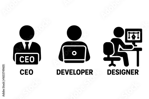 Startup Team Roles Vector Icons Set. Solid Filled Silhouette CEO Figure, Software Developer with Laptop, Graphic Designer at Desk. Business Staff Occupations Concept Illustration Isolated
