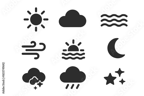 Set of Solid Weather Icons. Vector Collection of Sun, Cloud, Rain, Wind, Waves, Breeze, Sunset, Moon, Stars, Storm. Modern Filled Climate Symbols for Forecast, Meteorology, Environment, Mobile UI