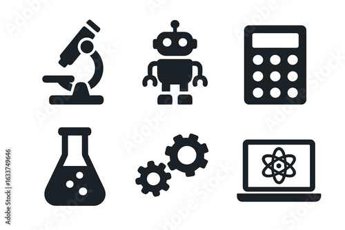 STEM education icons vector set. Microscope, robot, calculator, test tube, gears, laptop with atom symbol. Flat black science engineering mathematics technology symbols for schools and learning apps