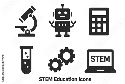 STEM Education Icons Set – Solid Vector Illustration of Microscope, Robot, Calculator, Test Tube, Gears, and Laptop for Science, Technology, Engineering, Math Learning, Classroom, Digital Resources
