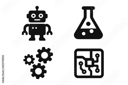 STEM Icons Set for Kids. Solid Filled Robot, Chemistry Flask, Gears, and Circuit Board Vector Illustration. Educational Science Technology Engineering Mathematics Graphics for Learning and Teaching.