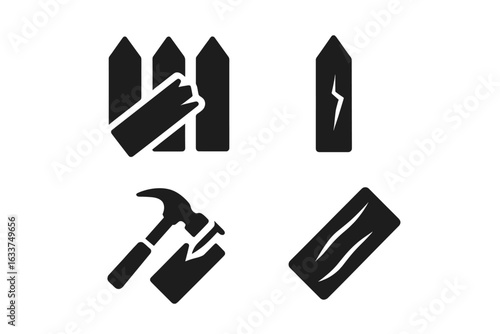 Wooden Fence Repair Icons Set. Solid Black Vector of Damaged Fence Plank, Cracked Post, Hammer Repair Tool, Wood Texture. Broken Wood, Fence Maintenance, DIY carpentry symbols, Isolated Illustration