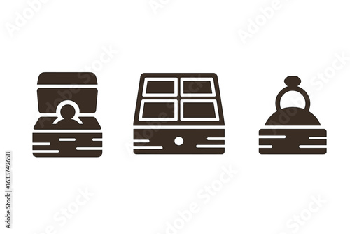 Handcrafted Wooden Jewelry Box Icons Set, Solid Filled Vector Illustrations of Hinged Boxes, Drawer Organizers, Ring Holders, Storage Solutions for Accessories and Trinkets