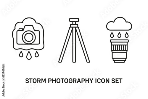 Storm Photography Outline Icon Set. Vector Line Art of Weatherproof Camera with Rain Cover, Tripod, Waterproof Lens, Raindrop Elements. Storm Chasing Gear, Meteorology Tools, Outdoor Shooting Concept