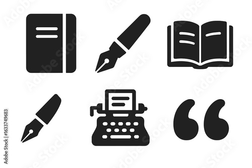Story creation icons set with solid filled design featuring notebook, fountain pen, open book, vintage typewriter, and quotation marks vector illustration for writing and storytelling