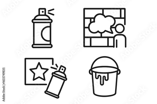 Street Art Icon Set. Outline Vector Collection of Graffiti Spray Paint Can, Urban Mural Wall, Stencil Art, Dripping Paint Bucket. Modern Urban Art Symbols for Festival, Poster, Design