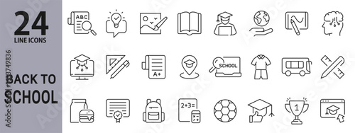 Back To School line icons set with Education, Book, Study, Learning, Knowledge, Student. Editable Stroke