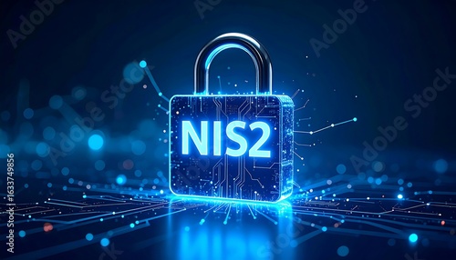 Glowing padlock with NIS2 inscribed, on a dark circuit board background