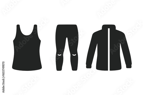 Workout Essentials Icons Set, Solid Filled Vector Illustrations of Fitness Apparel including Tank Top, Compression Leggings, Sports Jacket, Activewear Clothing Elements