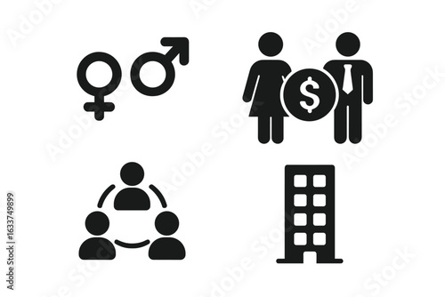 Workplace equality icons set, solid filled vector symbols representing gender equality, equal pay, teamwork, office building, diversity, inclusion, professional environment, business concept