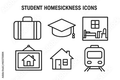 Student homesickness icons set, outline style, including suitcase, diploma cap, empty dorm room, photo of home, and train, symbolizing emotions of longing, nostalgia, and student life transition