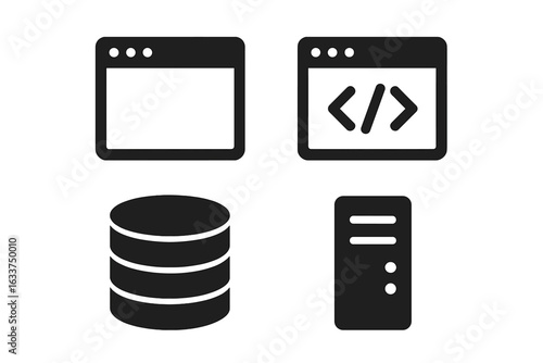 Solid black website technology icons set. Browser window, coding brackets, database stack, and server tower symbols. Web development, programming, hosting, backend infrastructure vector illustration