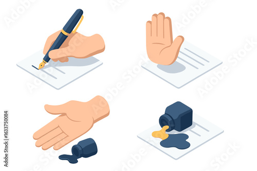 Isometric Writing Workflow Icons Set. Creative Writing Process Mistakes, Pausing, Spilled Ink. Hand with Pen, Stop Gesture, Ink Bottle Accident. Office, Education, Graphic Design Metaphor Vector