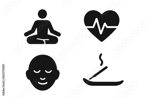Yoga Meditation Stress Relief Icons Set. Solid Silhouette Symbols of Relaxation Pose, Calm Face, Mindfulness, Heartbeat Health, Aromatherapy Incense. Wellness, Spa, Mental Health Vector
