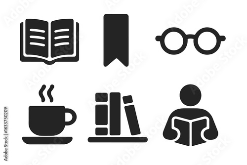 Reading and Literature Black Solid Icon Set with Open Book, Bookmark, Eyeglasses, Coffee Cup, Bookshelf and Person Reading. Education, Library, Study, Knowledge, Leisure, Study Tools, Vector Isolated
