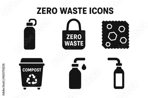 Zero waste lifestyle solid icon set. Reusable water bottle, eco-friendly cloth bag, beeswax wrap, compost bin, refill container. Sustainable living symbols. Vector illustration isolated