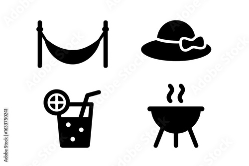 Summer Relaxation Icon Set. Black Silhouette Hammock, Sunhat, Lemonade Glass, Barbecue Grill. Outdoor Picnic, Garden Holiday, Leisure Activities, Vacation Symbols. Isolated Vector Illustration.