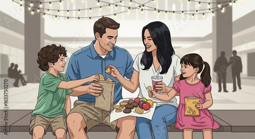 A family of four sits together enjoying snacks and drinks in an indoor public space decorated with string lights.