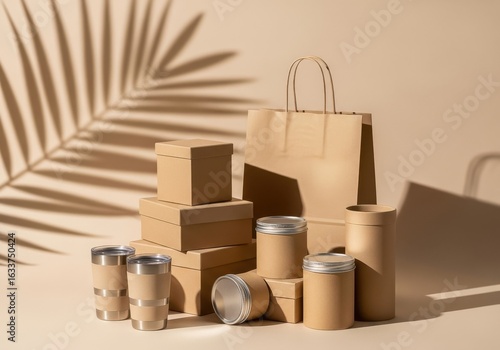 Eco friendly packaging containers and paper products in natural light