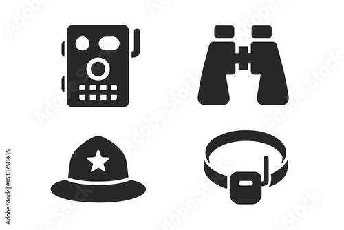 Wildlife Conservation and Protection Icons Set. Solid Vector Illustrations of Camera Trap, Binoculars, Ranger Hat, Animal Radio Collar. Nature Patrol, Anti-Poaching Surveillance, Animal Tracking Tools