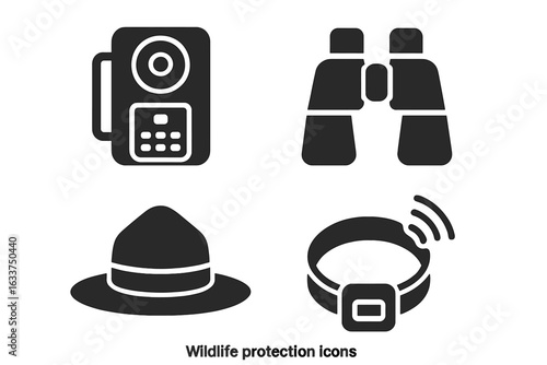 Wildlife Protection Icons Set. Solid Filled Vector Illustrations of Camera Trap, Binoculars, Park Ranger Hat, GPS Radio Collar. Conservation Surveillance, Monitoring Equipment, Anti-Poaching Tools