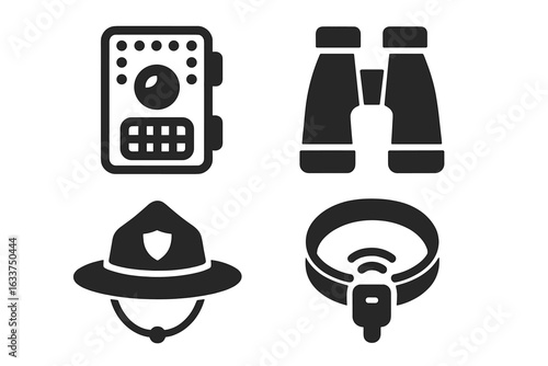 Wildlife Protection Icons Set. Solid Vector Illustrations of Camera Trap, Binoculars, Ranger Hat, GPS Radio Collar. Conservation Tools, Animal Tracking, Anti-Poaching Devices, Forest Ranger Equipment